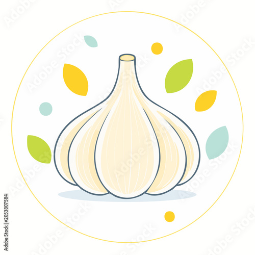 Stylized illustration of a garlic bulb with colorful leaves and dots
