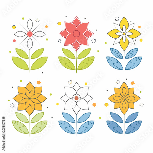 Set of six stylized flowers with colorful petals and leaves