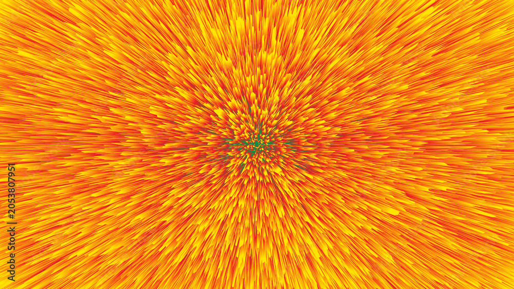 Obraz premium Abstract explosion of bright orange and yellow sharp spikes radiating from a dark green center outwards