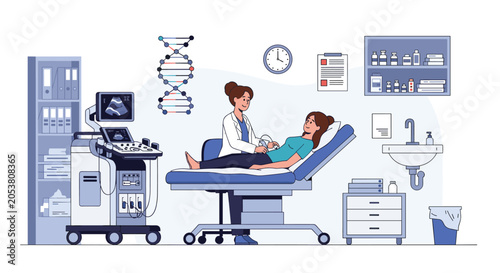 Medical doctor performs an ultrasound examination on a pregnant woman in a modern clinic equipped with advanced diagnostic machinery.