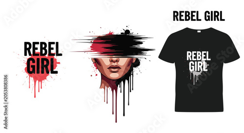 Set of graphic design concepts for a Rebel Girl brand featuring a glitched face illustration and t-shirt mockup with paint drips.