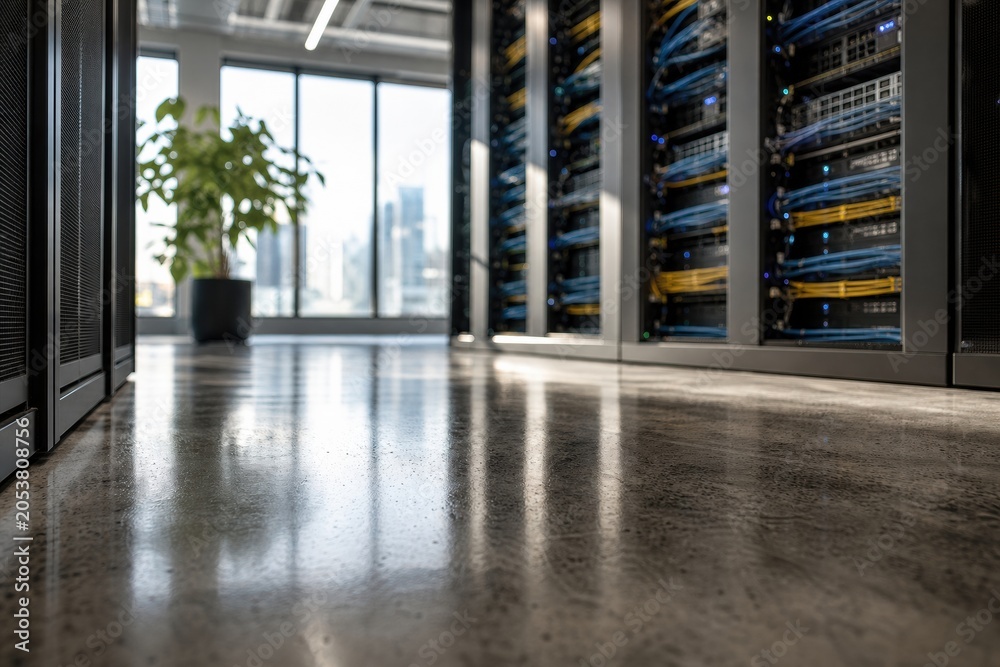 Fototapeta premium Modern server racks in a data center featuring organized network cables and hardware equipment on a polished concrete floor in a bright corporate office environment