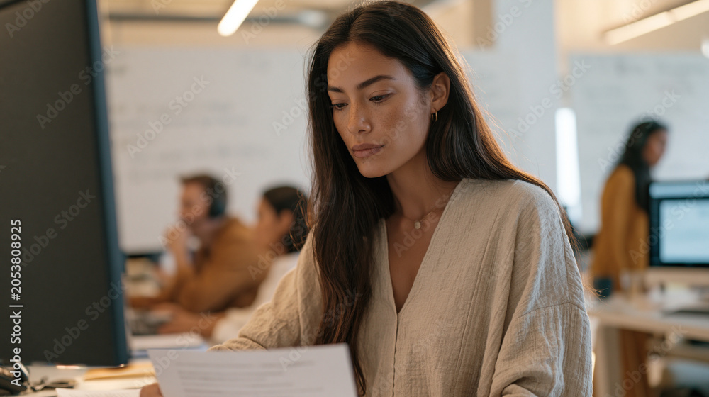 Fototapeta premium Determined Latina paralegal at a standing desk in a busy immigration law firm, cross-referencing visa denial letters with country conditions research as colleagues take calls and