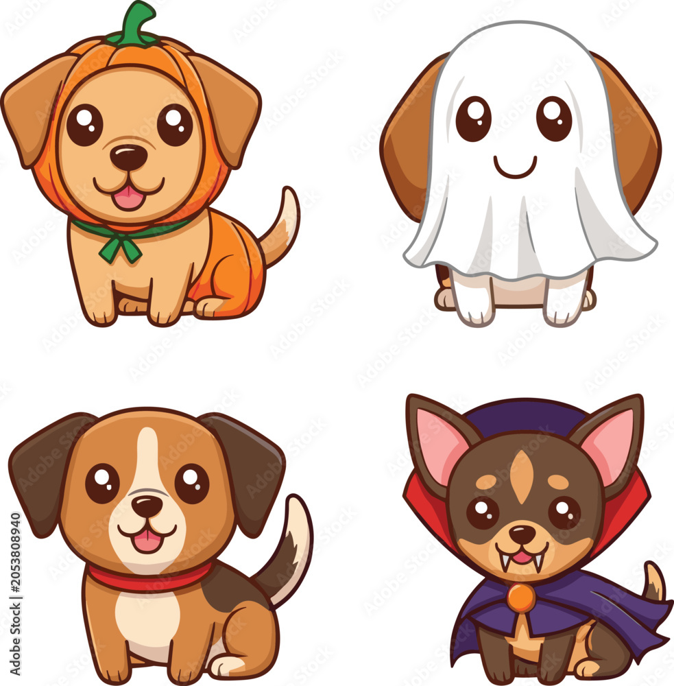 Fototapeta premium Collection of Adorable Halloween Puppies Featuring Dogs in Pumpkin, Ghost, and Vampire Costumes Plus a Happy Beagle for Spooky Season Stickers and Card Designs
