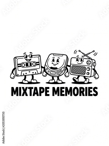 Retro Mixtape Memories T Shirt Print With Cute Cassette Music Player And Radio Cartoon Characters
