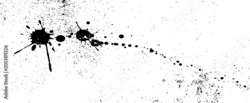 Black Ink Splatter Grunge Texture Background with Paint Drips and Dots on White