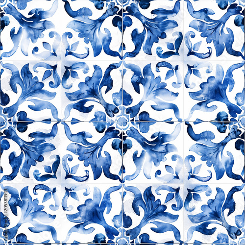 Seamless moroccan pattern. Blue and white watercolor ornament