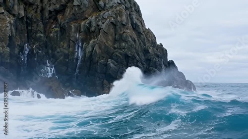 Ocean waves crashing against rocky cliffs creating powerful water sprays