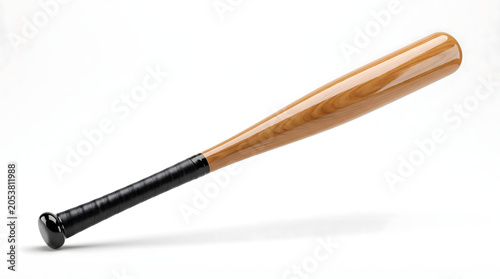 Professional Wooden Baseball Bat Isolated on White Background with Realistic Texture and Glossy Finish for Sports Equipment Catalog