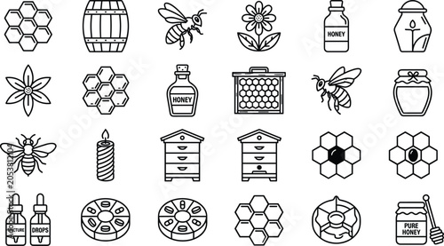 Fotografía Beekeeping and honey line icons set featuring bees honeycomb hive barrel jars fl