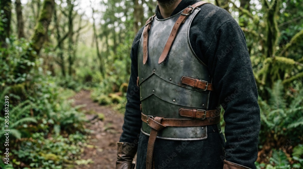 Obraz premium Medieval steel plate armor breastplate with leather straps worn by a warrior standing in a lush green forest during a historical reenactment or fantasy roleplay event