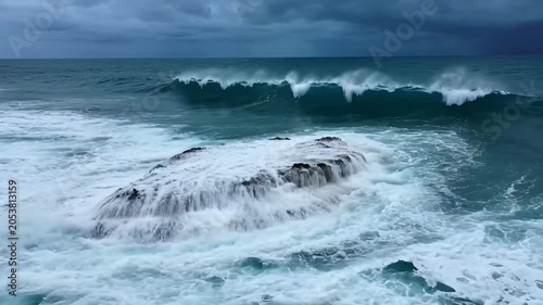 Ocean waves crashing against rocky island under cloudy sky