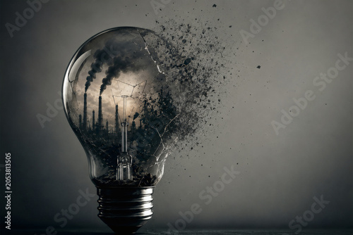 Broken Light Bulb with Industrial Pollution Non Renewable Energy Concept