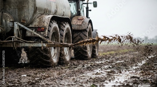 A tractor with a slurry tanker trailer spreading liquid manure on a muddy agricultural field during the spring fertilization season to improve soil quality for crops