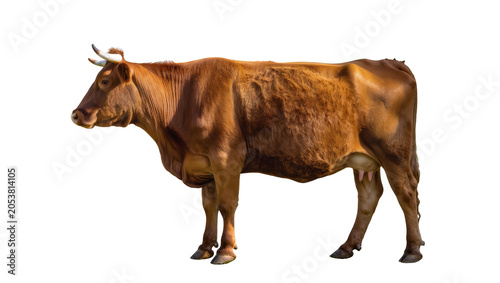 Fotografie Brown cow with horns standing profile view