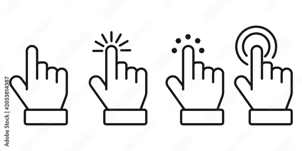 Fototapeta premium Click here icon set, Hand clicking, finger, Touch screen, pointer, cursor, gesture symbols