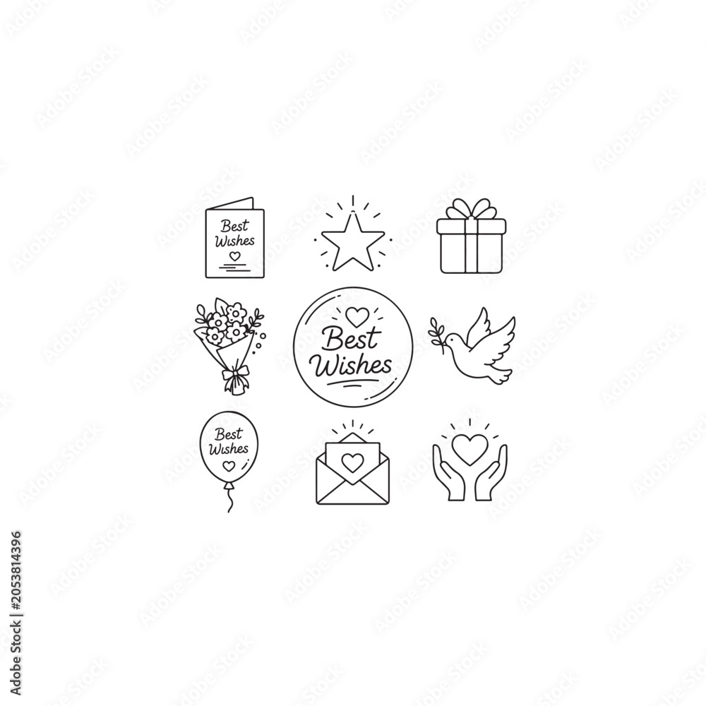 Fototapeta premium Best Wishes Icon Set: A collection of stylized line icons representing good wishes, including a card, star, gift, bouquet, dove, envelope, balloon, and hands holding a heart.