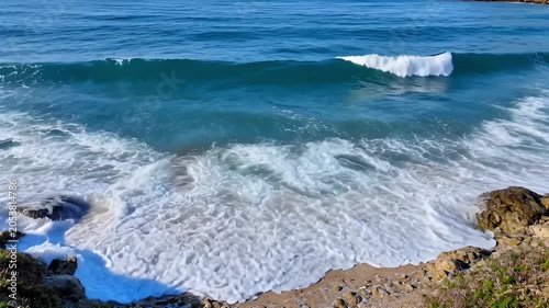 Ocean waves crashing on the shore with blue water and sandy beach