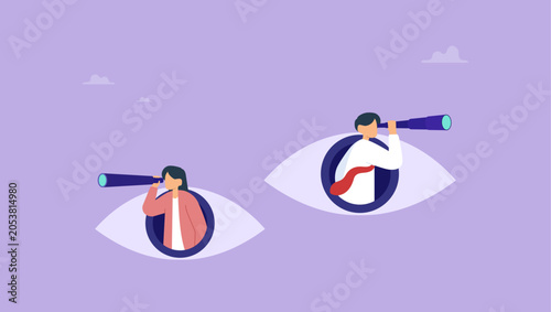 Business vision concept. Business people using telescope on eye sign.
