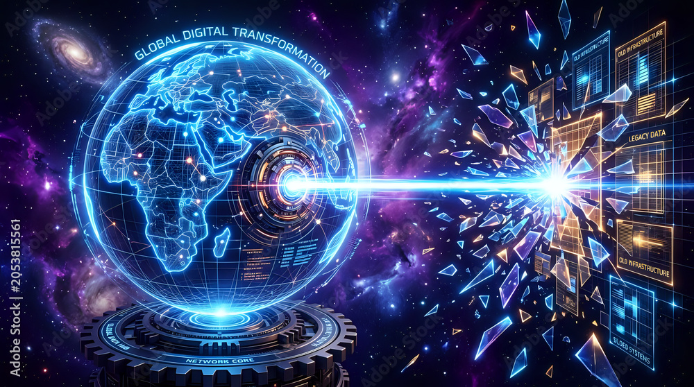 Fototapeta premium Futuristic holographic earth globe with digital data transmission beam in deep space, hologram