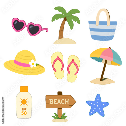 Cute summer beach accessories and holiday clipart set, transparent PNG background