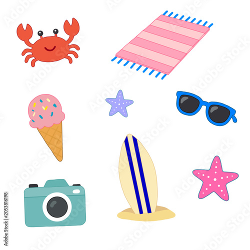 Cute summer beach elements and vacation clipart set, transparent PNG background