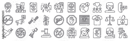 Quadro su tela Pack of 30 linear International Day of Non Violence web icons such as ribbon, baton, pigeon, no violent protest, Broadcast