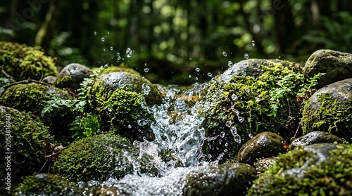 Water Splash Emerging from Mossy Stones
