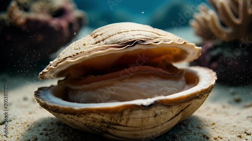 Open seashell on sandy ocean floor with coral reefs and underwater sunlight