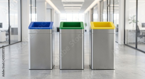 Minimalist Color-Coded Recycling Bins in Modern Corporate Office