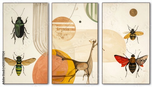 Triptych of Insect Illustrations with Abstract Geometric Backgrounds.