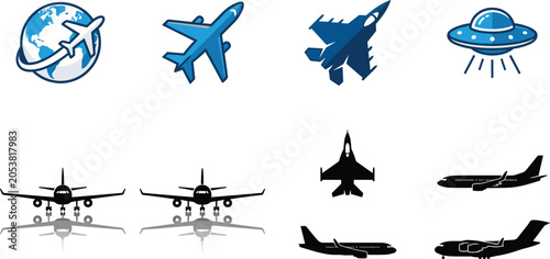 Fotografie Aircraft and Aviation Icon Set Featuring Airplanes Fighter Jets UFO and Air Trav