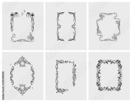 Hand drawn vector abstract outline,graphic,line vintage celebration ornament art nouveau frames set in drawing elegant style.Elegant decoration vintage outline design isolated. Floral ornament border