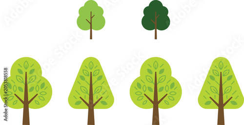 Schilderij op canvas Flat Green Tree Collection Vector Set with Decorative Leaf Icons for Nature Land