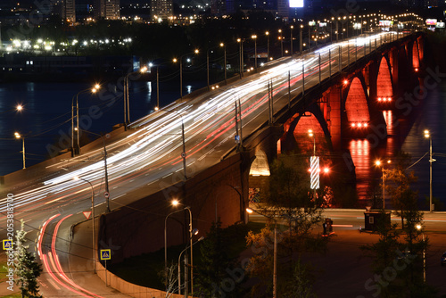 Bild auf Leinwand Communal Bridge in Krasnoyarsk night view. Russia
