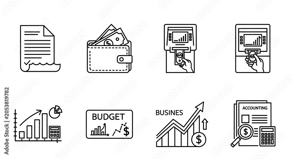 Fototapeta premium Financial reporting icons outline the steps of tracking budgets and using automated banking technology.