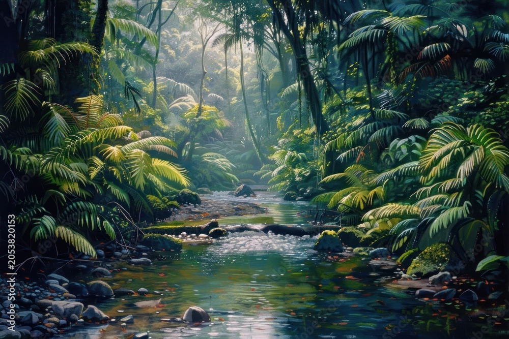 Fototapeta premium Creek in rainforest vegetation outdoors woodland.