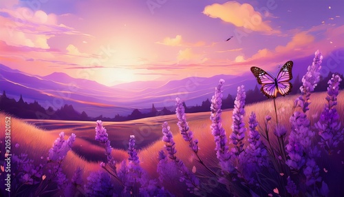 Beautiful Summer Landscape Background With Lavender And Butterfly At Sunset Soft Selective Focus Abstract Minimalistic Print Illustration Outdoor Nature Banner With Purple Royal Colors