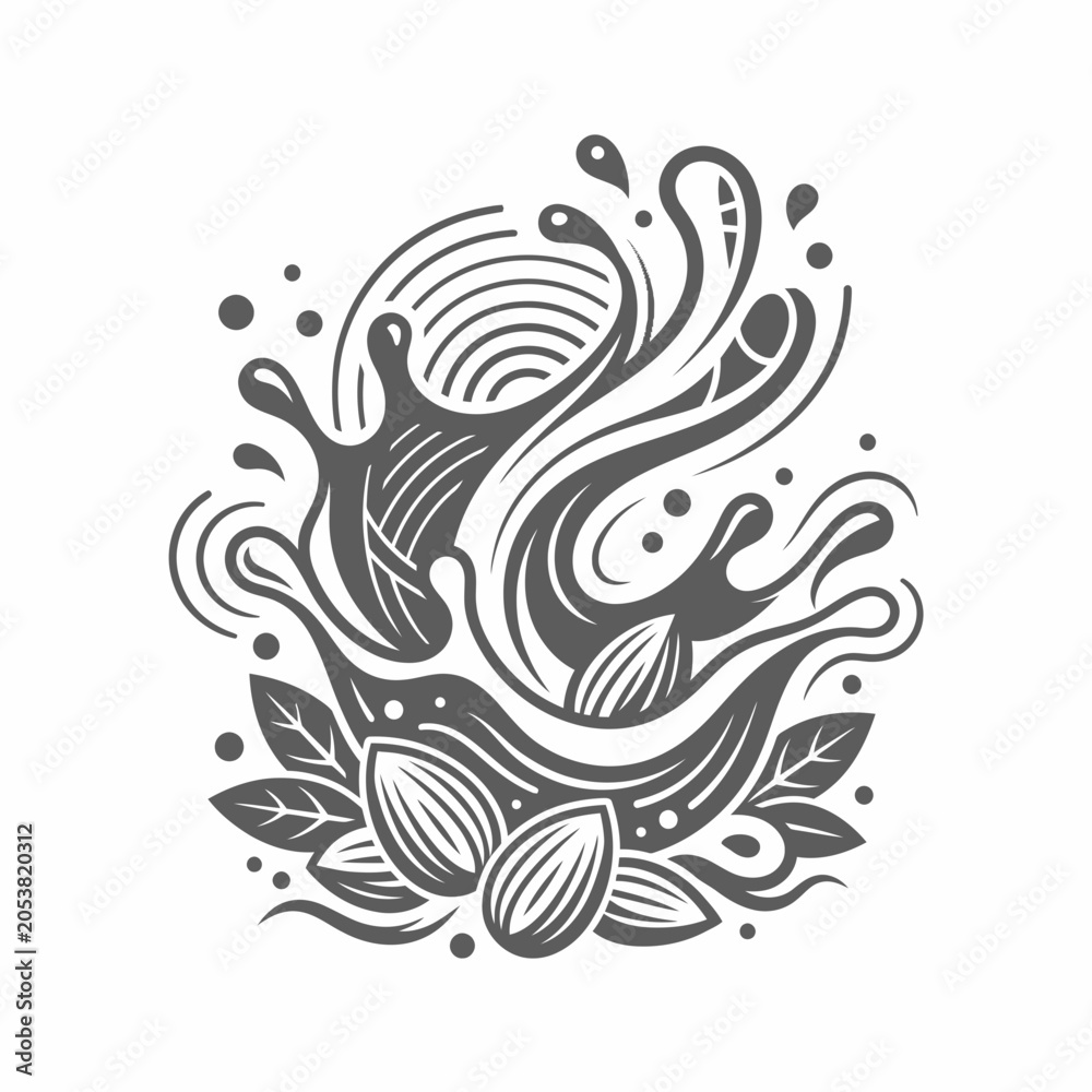 Fototapeta premium Almond Milk Splash with Leaves and Nuts - Abstract Liquid Design