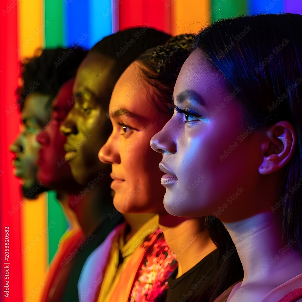 Obraz premium Diverse Group of People Standing in Silhouette Against Colorful Background