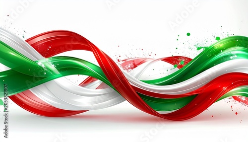 Elegant Italian flag inspired ribbon wave with splashes of red, white, and green, celebrating national pride and festivity
