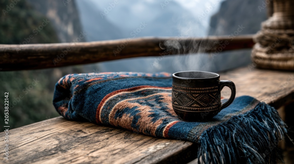 Fototapeta premium Mountain balcony cup on patterned blanket, steaming ceramic mug resting on handwoven textile across weathered wooden railing, misty alpine valley in background, cool sunrise light, rustic cabin mood,