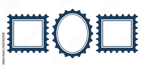 Blue Postage Stamp Frames with Perforated Edges, Rectangular Outlines, Square Formats, Oval Borders, and Vintage Postal Design Details.