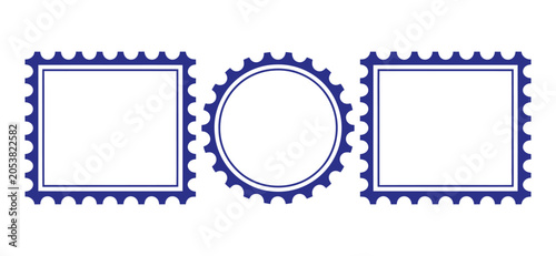 Blue Postage Stamp Frames featuring Serrated Edges, Rectangle Borders, Square Shapes, Oval Designs, and Classic Philatelic Style Elements.