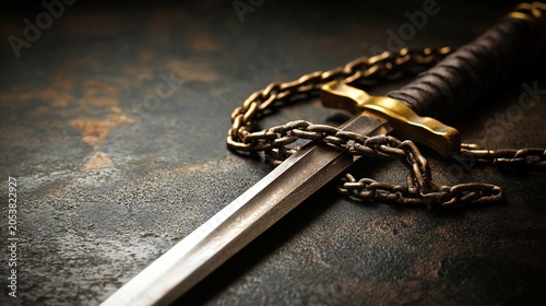 unsheathed. Broken iron chains laid across the blade of a ceremonial sword on dark stone. event programs, museum guides, designed for cultural heritage projects and event programs.