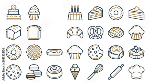 Obraz na płótnie Collection of delicious baked goods and pastry icons, perfect for bakery or food-related designs
