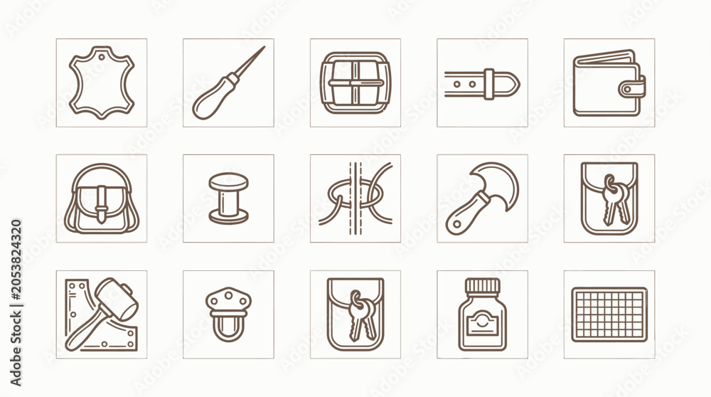 Fototapeta premium Set of icons representing leatherworking tools and products, including a hide, awl, thread, belt, wallet, bag, spool, knot, hammer, keys, mallet, cap, bottle, and grid.