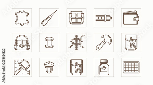Photos Set of icons representing leatherworking tools and products, including a hide, awl, thread, belt, wallet, bag, spool, knot, hammer, keys, mallet, cap, bottle, and grid