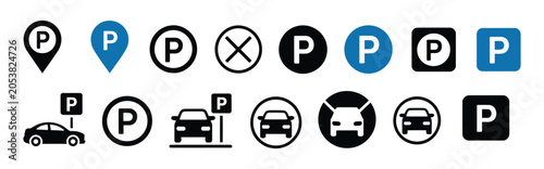 Car parking icon design with public parking signs and location marker symbols