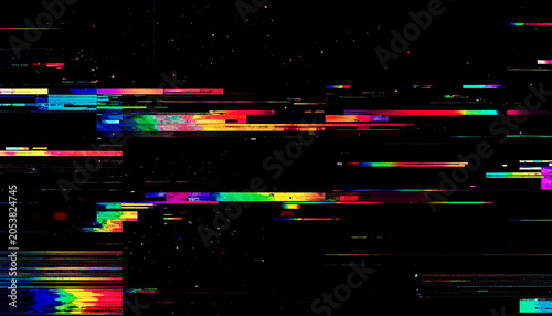 Abstract Glitch Art Background with Colorful Horizontal Lines and Digital Noise on Black Screen